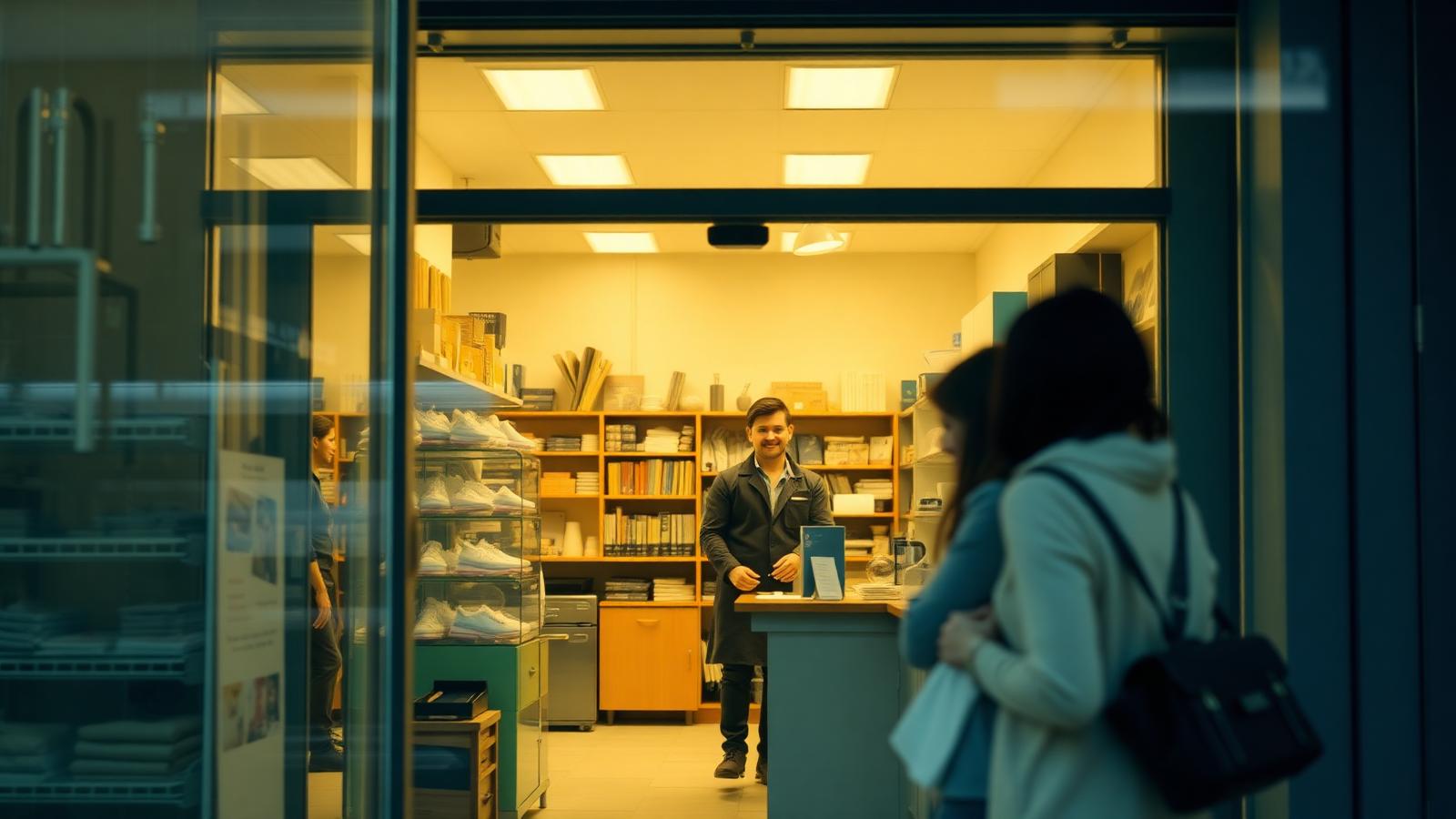 Small business owner greeting customers in a storefront