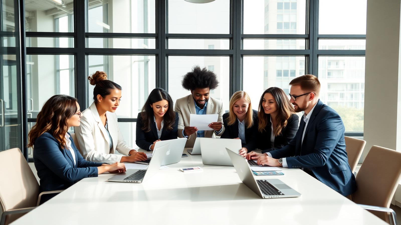 Professional team reviewing documents in a modern office