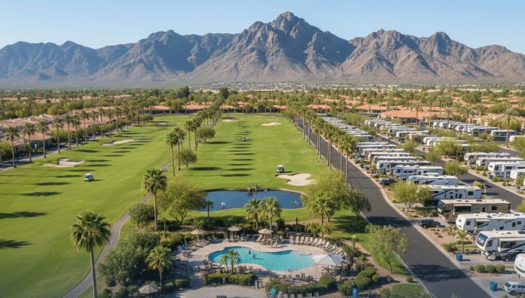 Complete Insurance Checklist for Snowbirds & Winter Visitors in Casa Grande & Maricopa, Arizona 3 Aerial view Palm Creek Resort Casa Grande showing golf course pools and RV sites