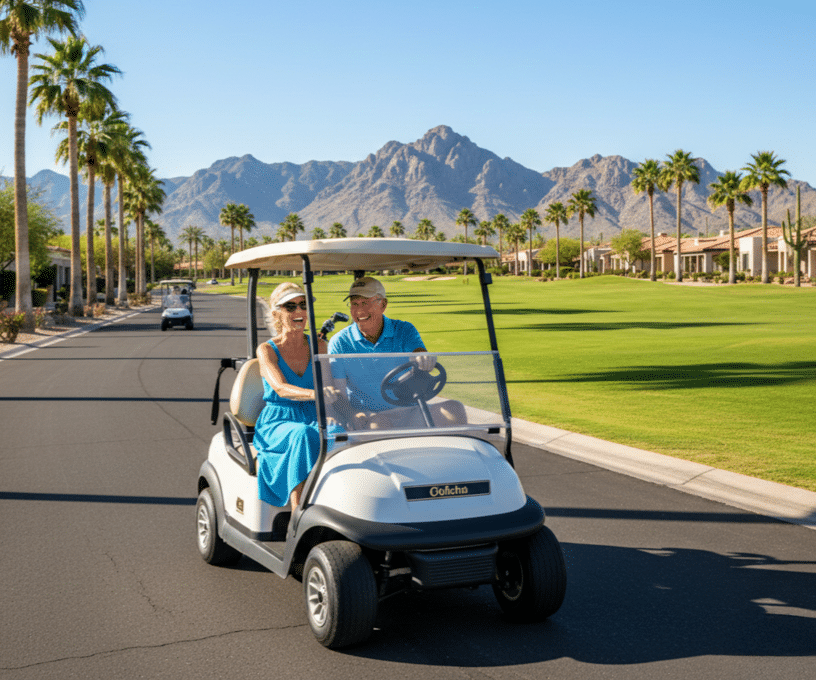 Complete Insurance Checklist for Snowbirds & Winter Visitors in Casa Grande & Maricopa, Arizona 2 Senior couple driving golf cart through Arizona retirement community with mountains in background