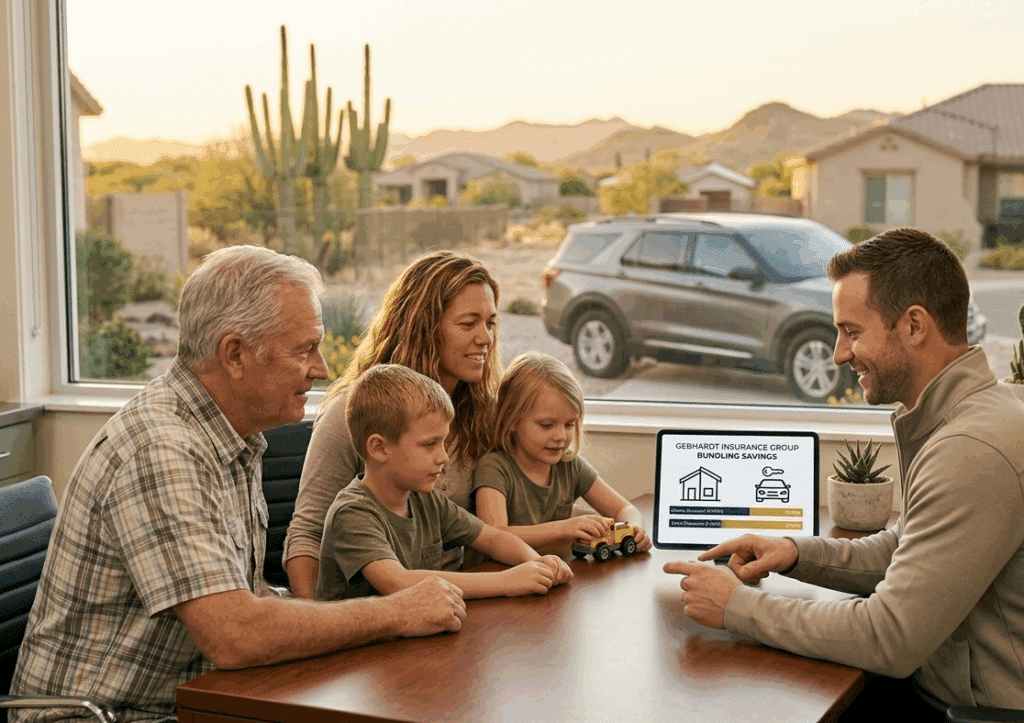 Why You Should Bundle Auto and Home Insurance: A Complete Guide for Casa Grande & Maricopa Homeowners 2 Casa Grande family outside their home with SUV in driveway illustrating bundled auto and home insurance protection