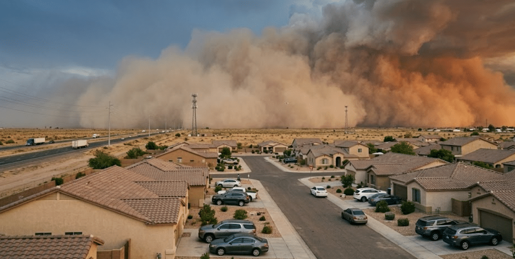Why You Should Bundle Auto and Home Insurance: A Complete Guide for Casa Grande & Maricopa Homeowners 4 Haboob dust storm approaching homes and parked cars on the flat desert terrain outside Casa Grande, Arizona